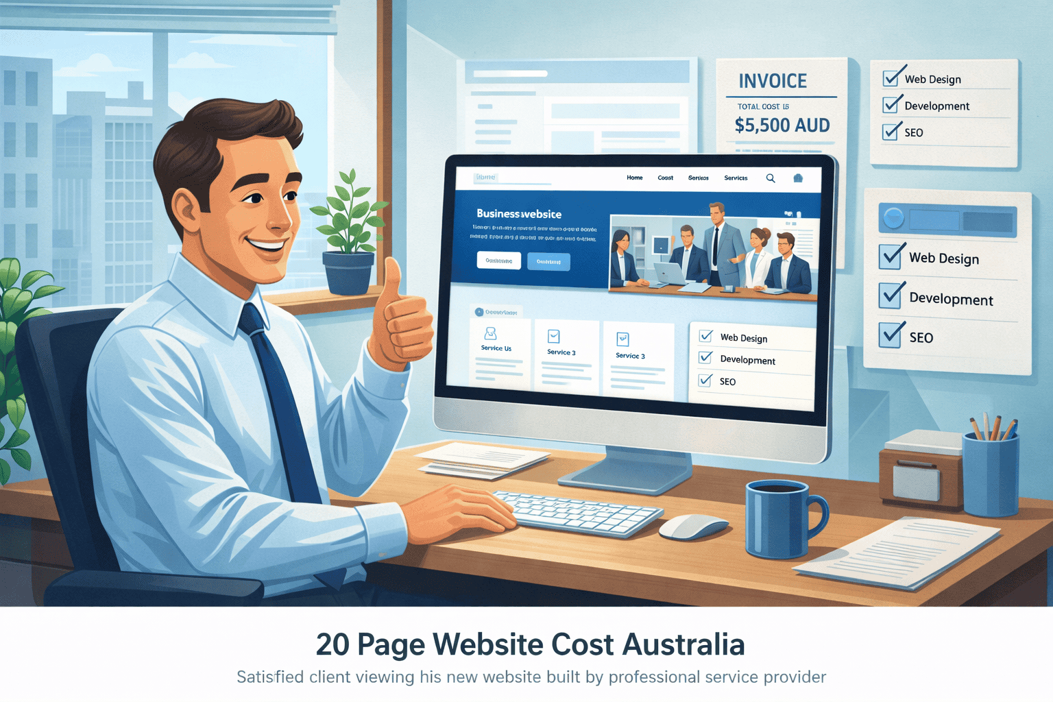 Illustration of a satisfied business owner reviewing a 20 page website cost in Australia on a desktop computer