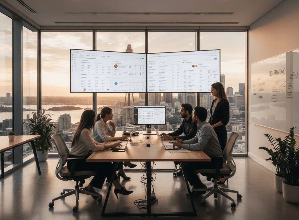 Digital marketing team in an Australian office analysing campaign reports and strategy dashboards during a business growth meeting.
