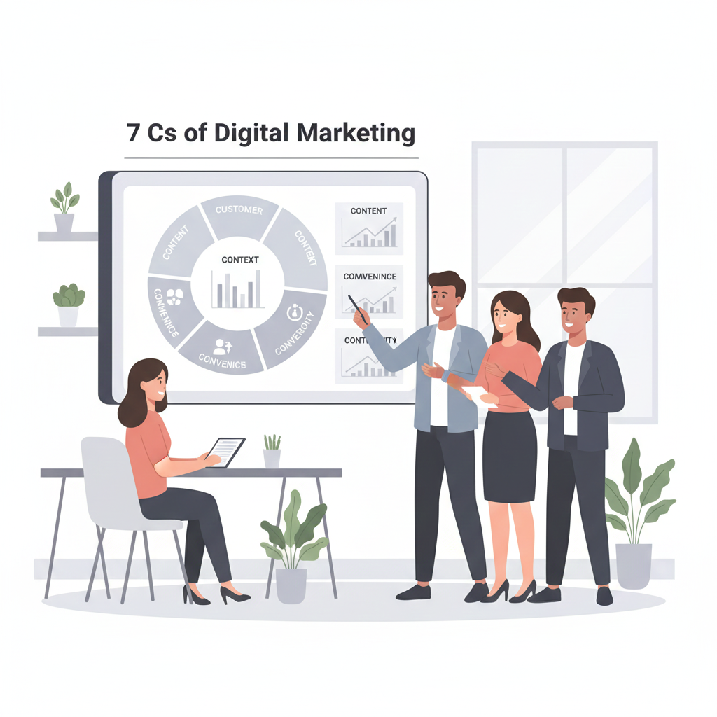 Illustration explaining the 7 Cs of digital marketing and how businesses apply them in digital strategy