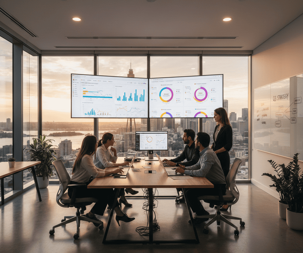 Team of digital marketing professionals in Australia analysing data dashboards, SEO metrics, and campaign performance in a modern office with city skyline