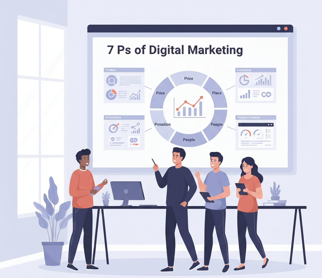 Illustration explaining the 7 Ps of digital marketing and how businesses apply them in digital strategy.