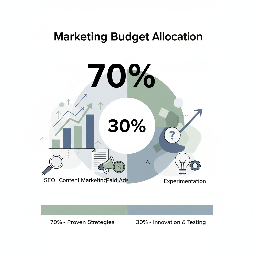 Diagram illustrating the 70/30 rule in marketing, showing 70 percent allocated to proven strategies like SEO and paid ads and 30 percent allocated to innovation and experimentation