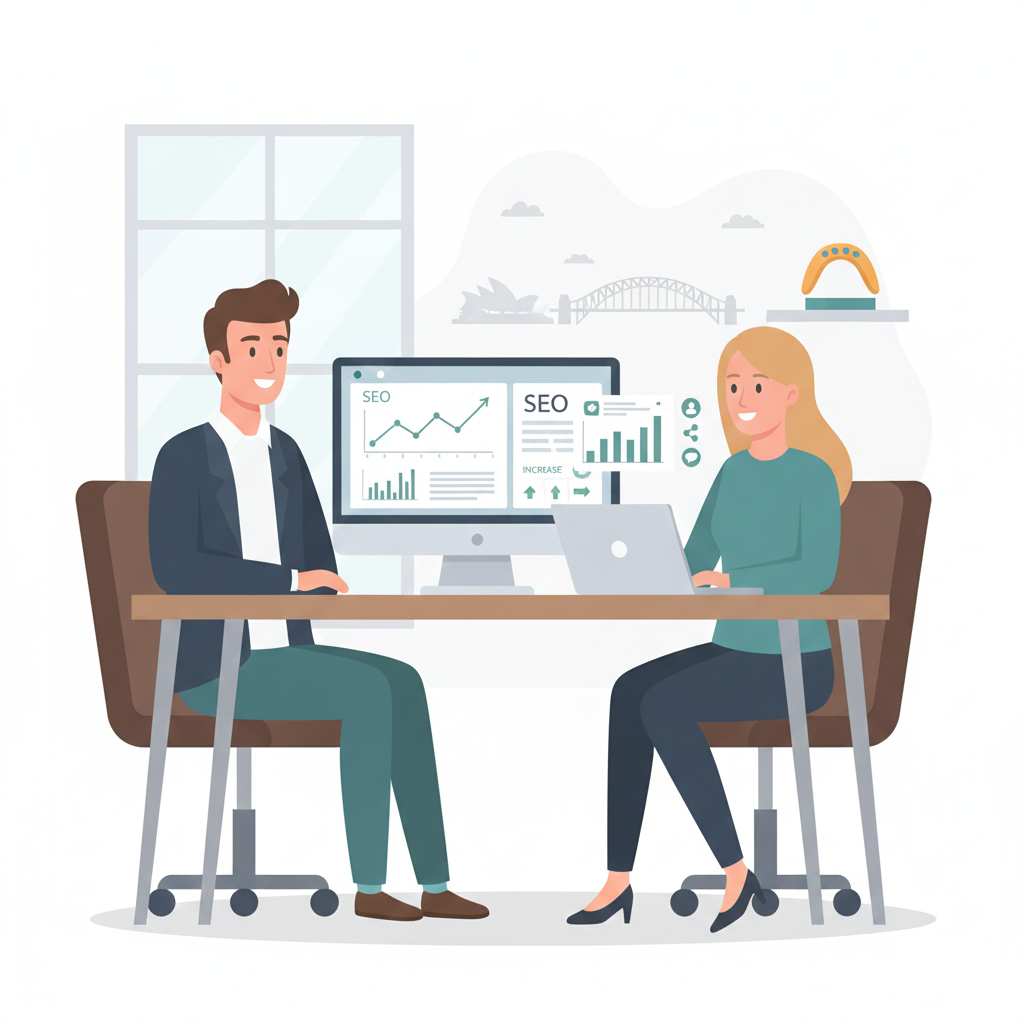 Illustration showing growing demand for digital marketing in Australia with businesses reviewing online performance and marketing results