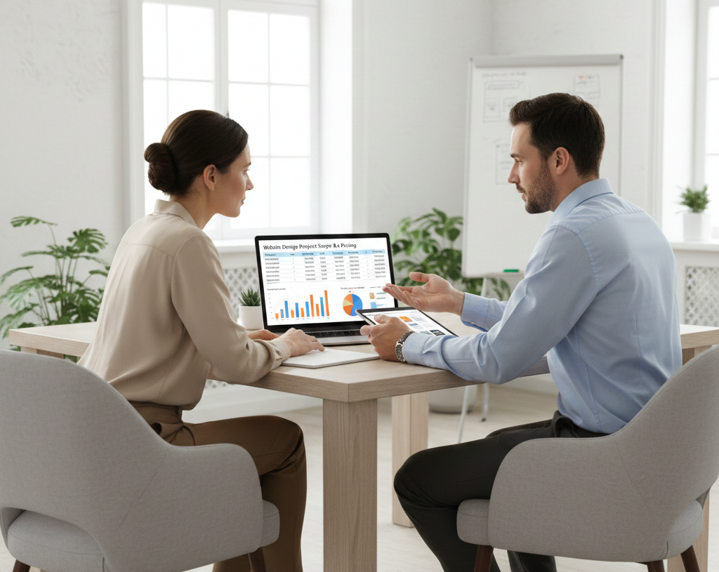 Website designer discussing project cost and pricing options with a small business owner