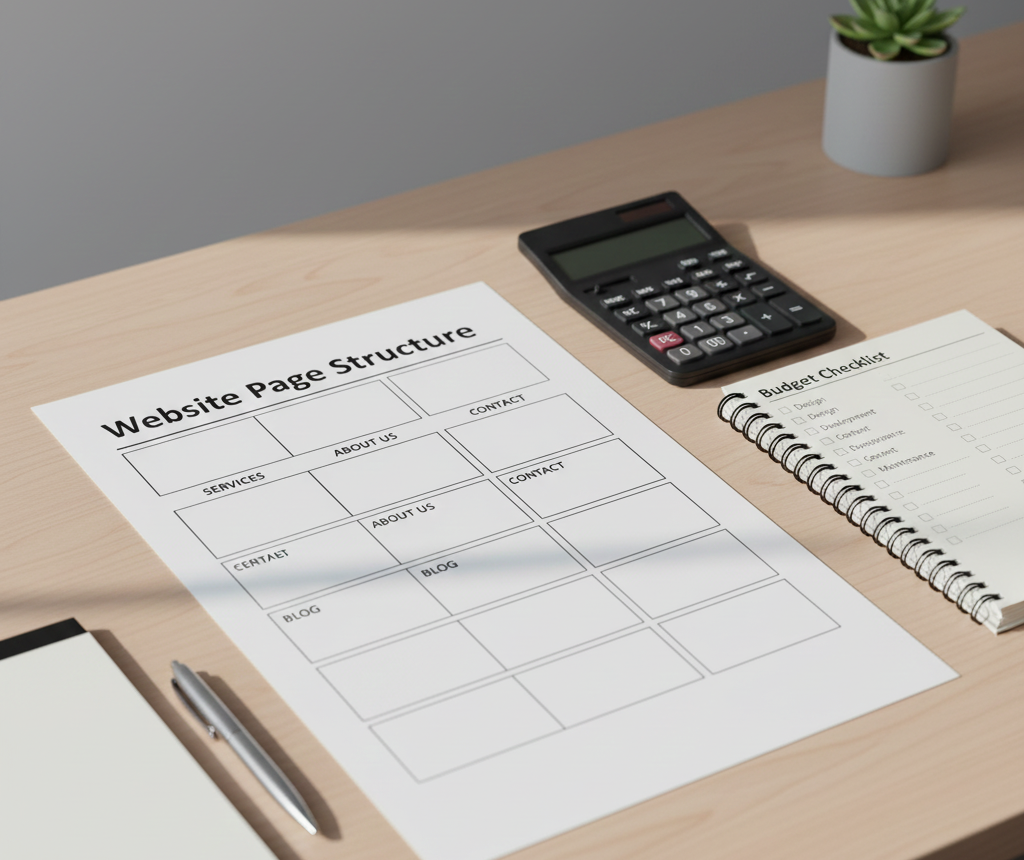 Website page structure and budget planning materials for a small business website