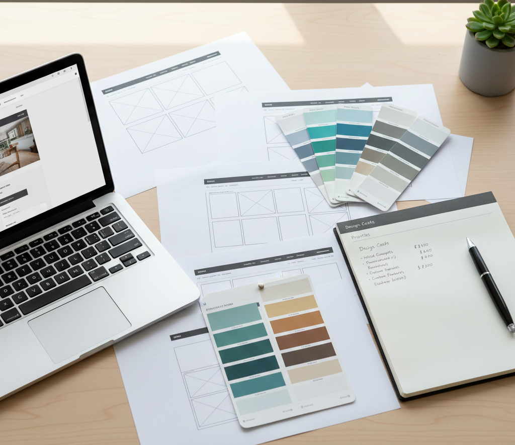 Website wireframes and budgeting tools used for small business website design planning.