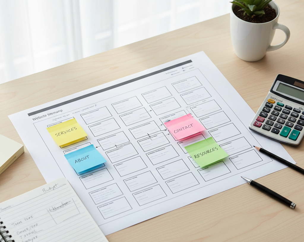Sitemap and planning layout showing the structure of a 20-page business website