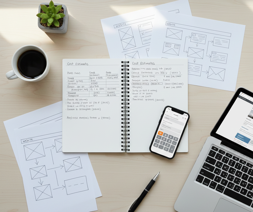 Website planning workspace with cost notes, wireframes, and digital tools for a small business.