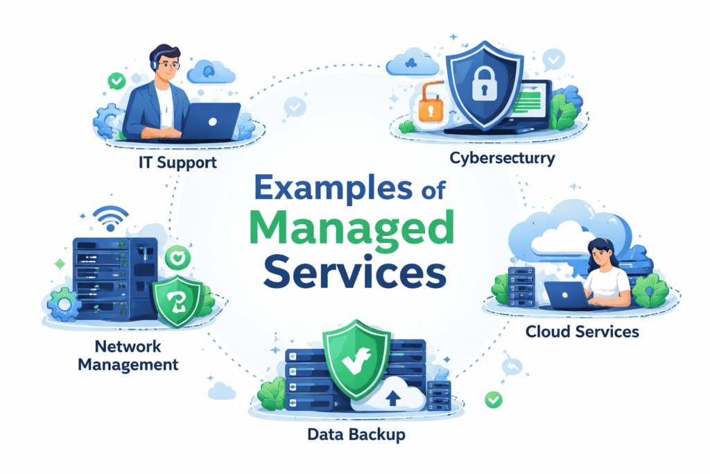 Illustration showing examples of managed services, including IT support, cybersecurity, cloud services, network management, and data backup for businesses.