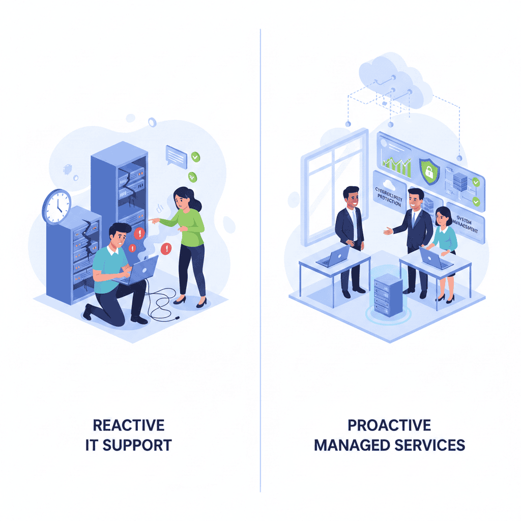 Illustration comparing IT services and managed services, showing reactive technical support on one side and proactive monitoring, cybersecurity, cloud, and backup management on the other.
