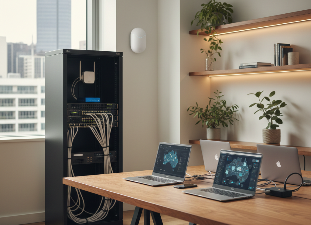 Diagram-style office scene showing computer network components in a business environment