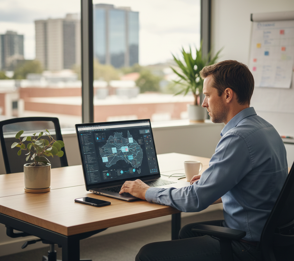 IT consultant reviewing business IT solutions supported by strong infrastructure