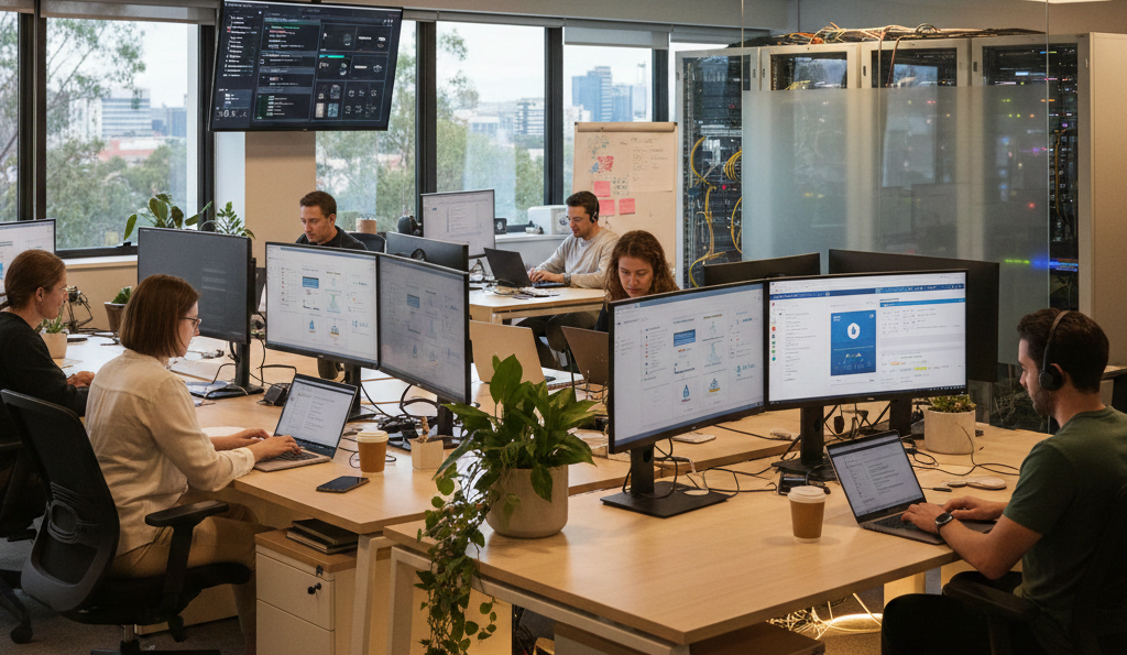 Small business team using cloud managed IT Australia in a modern office