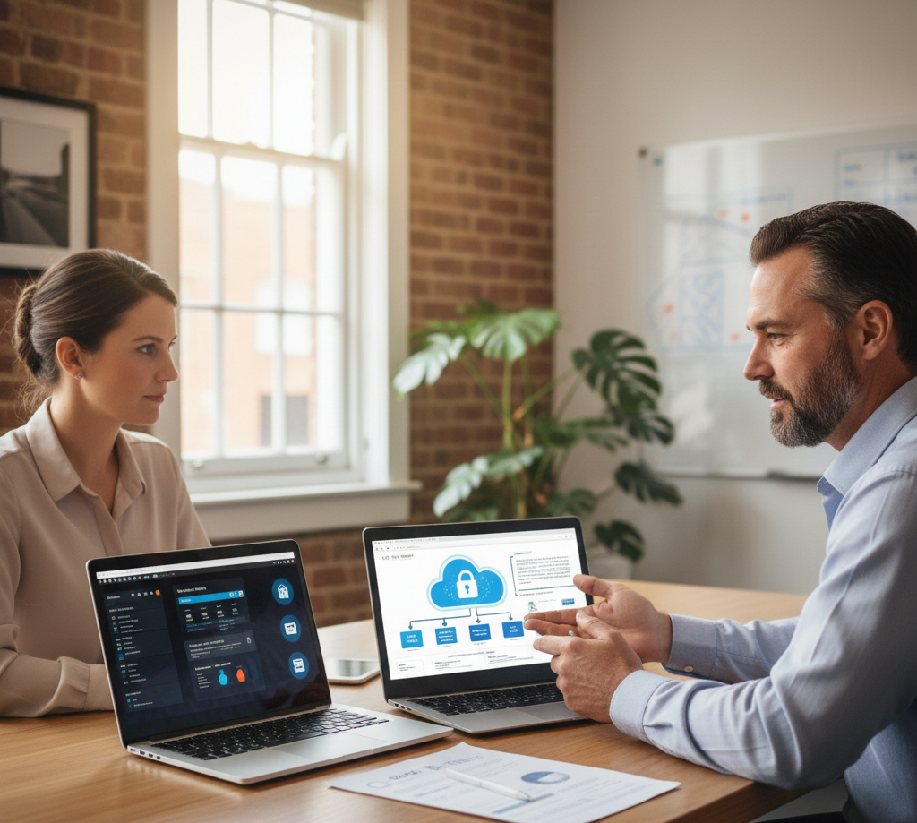 Business reviewing cloud managed services benefits with an IT consultant