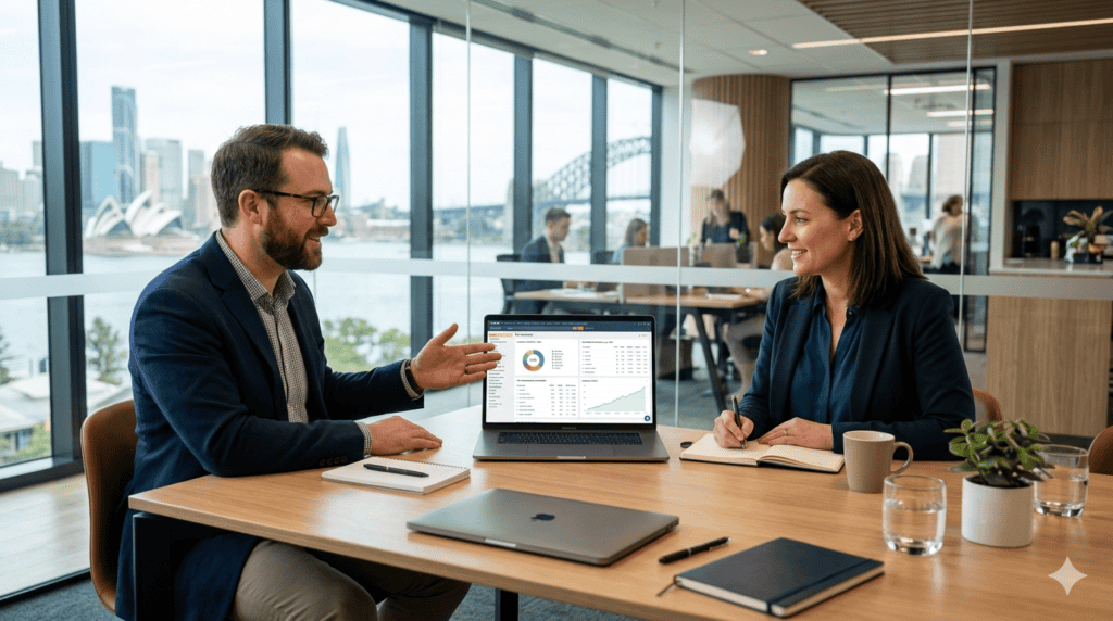 SEO consultant discussing search optimisation strategy for Australian business website growth