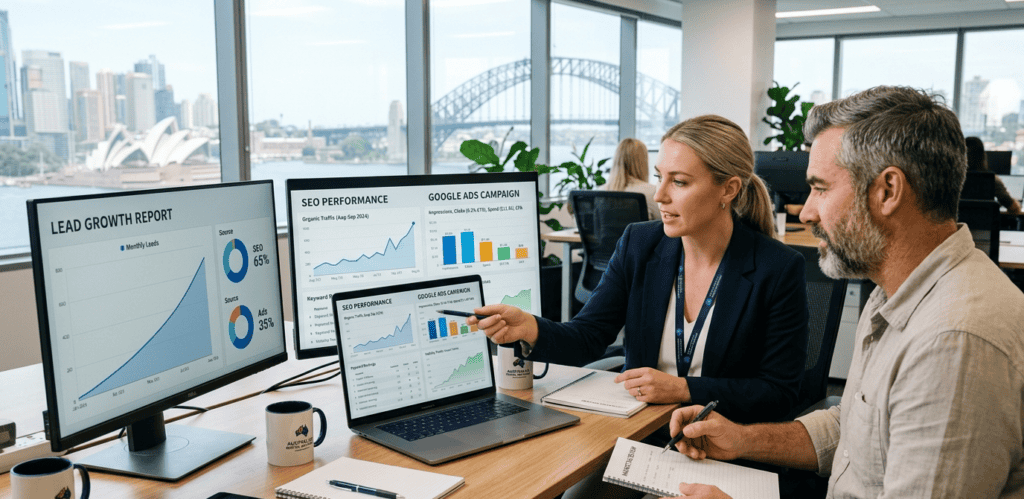 Business consultant comparing SEO and Google Ads strategies for Australian business growth